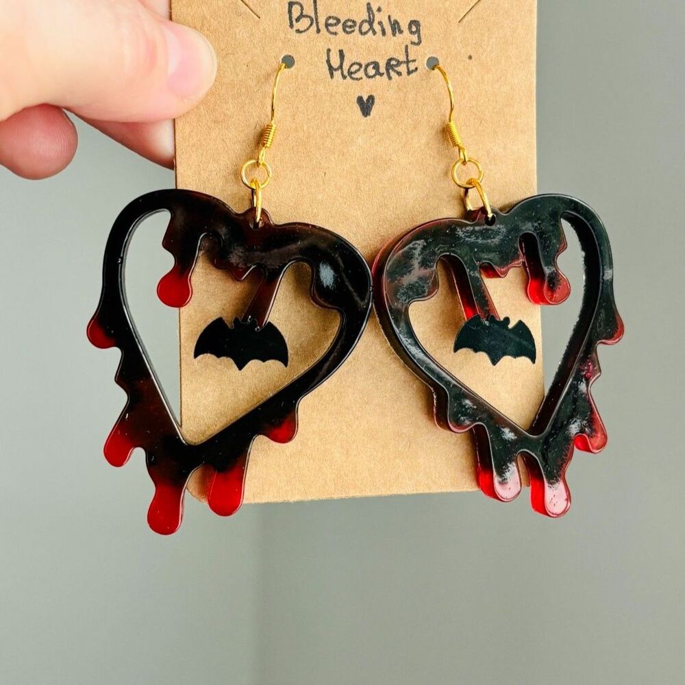 Bleeding Heart Earrings, Black Blood Red Gothic Jewelry, Dark Vampire Halloween